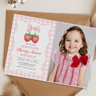 Invitation Berry Sweet Strawberry Pink Bow Photo Anniversaire