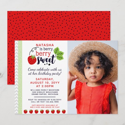 Invitation Berry Sweet Strawberry pour enfants fête d'anniver (Devant / Derrière)