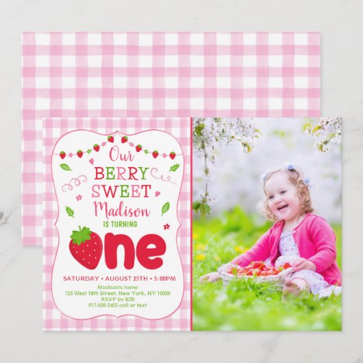 Invitation Berry Sweet Strawberry Premier anniversaire (Devant / Derrière)