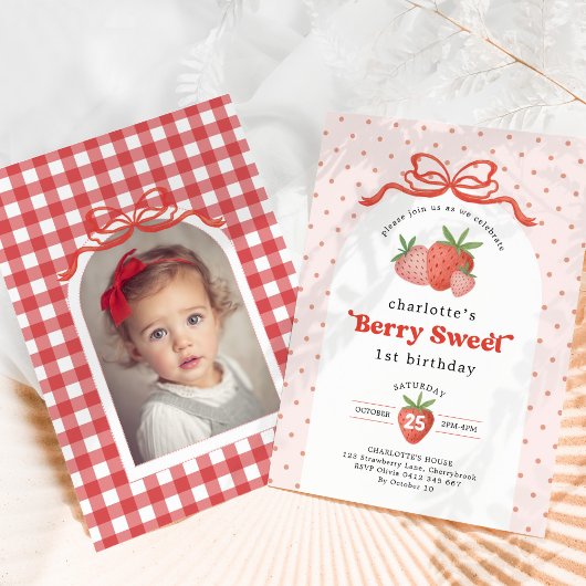 Invitation Berry Sweet Strawberry Red Bow Birthday Photo
