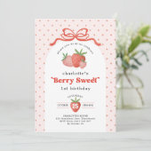 Invitation Berry Sweet Strawberry Red Bow Birthday Photo (Debout devant)