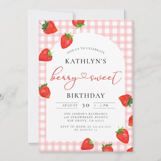 Invitation Berry Sweet Strawberry rose Girl Anniversaire (Devant)