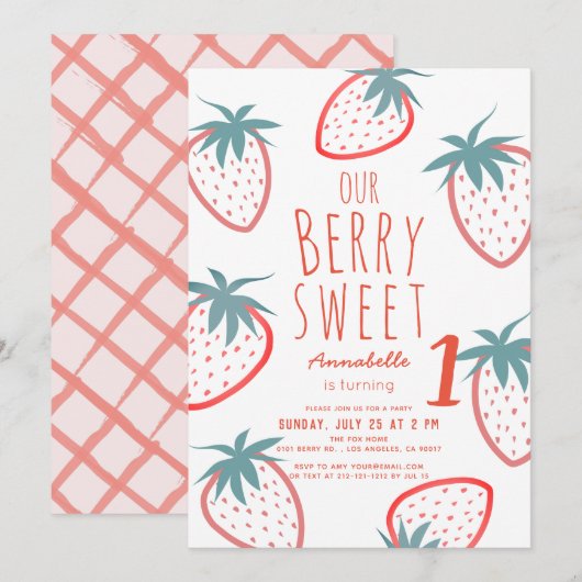 Invitation Berry Sweet Strawberry Rouge Blanc 1er anniversair (Devant / Derrière)