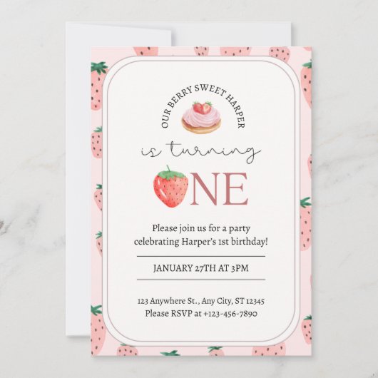 Invitation Berry Sweet Strawberry Thème 1er anniversaire Invi (Devant)