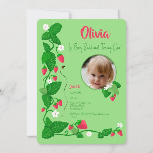 Invitation Berry Sweet Strawberry Vine 1er anniversaire fille (Devant)