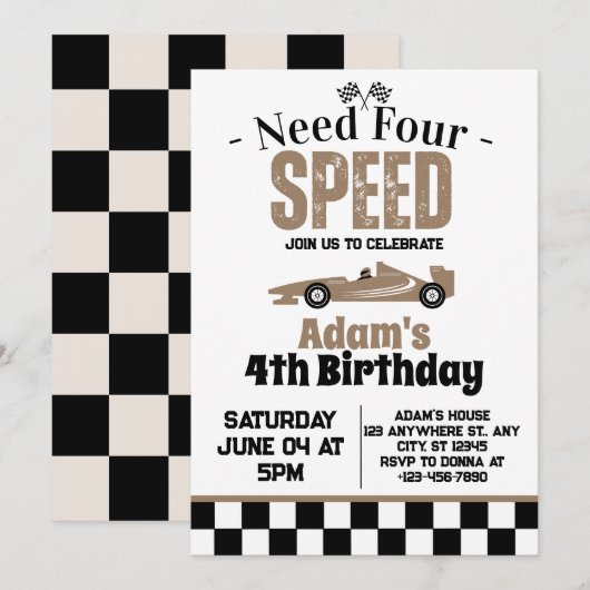 Invitation Besoin de Four Speed Boy 4e anniversaire (Devant / Derrière)