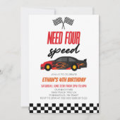 Invitation Besoin de quatre Red Flame Race Car 4e fête d'anni (Devant)