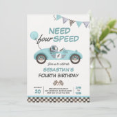 Invitation Besoin de quatre Speed Blue Race Car 4e fête d'ann (Debout devant)