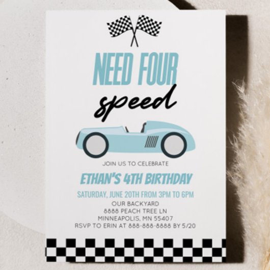 Invitation Besoin de quatre Speed Blue Race Car 4e fête d'ann