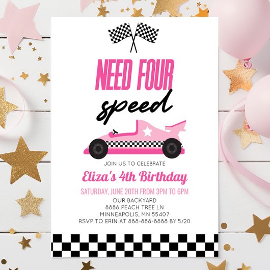 Invitation Besoin de quatre Speed Pink Race Car 4e fête d'ann