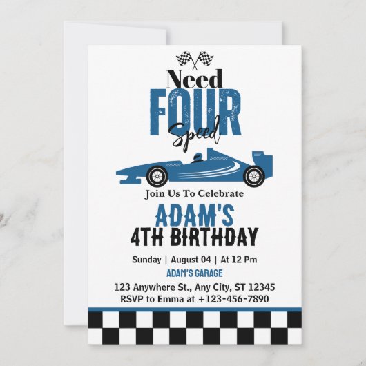 Invitation Besoin de quatre Speed Race Car Boy 4th Birthday P (Devant)