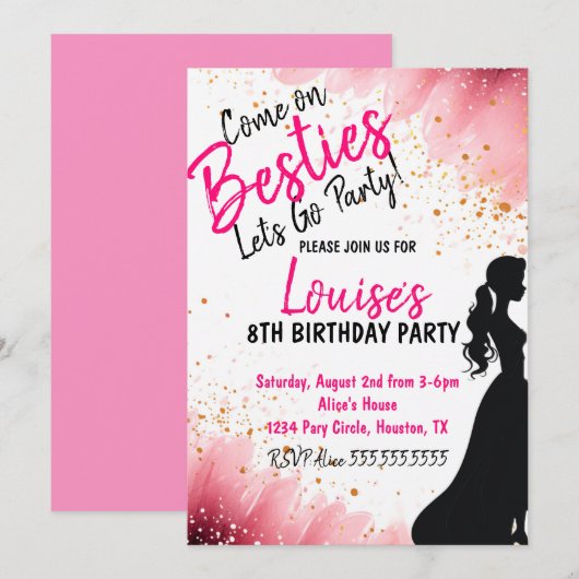 Invitation Besties Doll rose Parties scintillant fête Anniver (Devant / Derrière)