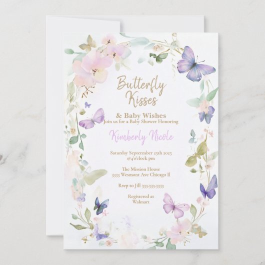 Invitation Beurre baby shower papillons pourpre bébé (Devant)