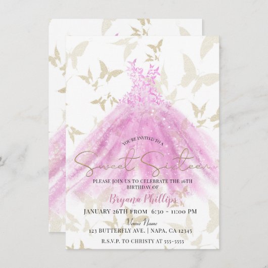 Invitation Beurre Danse Rose & Robe Or Douce 16 (Devant / Derrière)