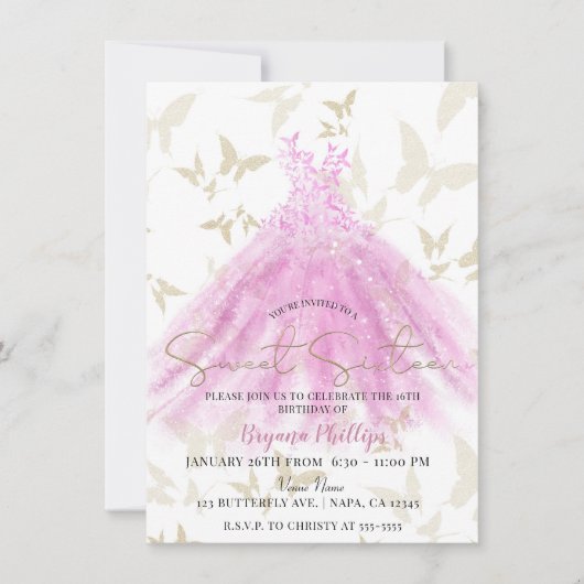 Invitation Beurre Danse Rose & Robe Or Douce 16 (Devant)