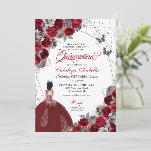 Invitation Beurre d'argent rouge princesse Quinceanera (Debout devant)