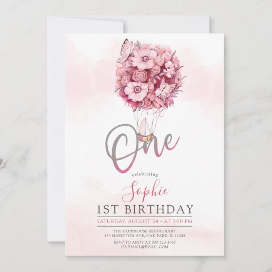 Invitation Beurre de ballon rose Premier anniversaire Fille d (Devant)