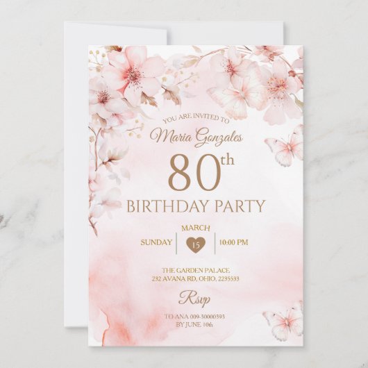 Invitation Beurre de cerise en fleurs 80e anniversaire (Devant)