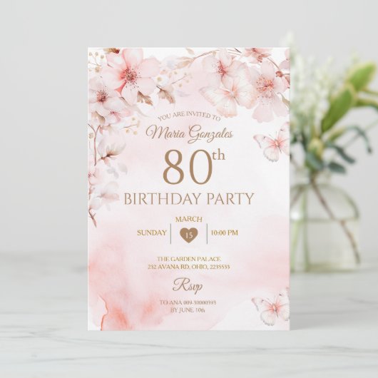 Invitation Beurre de cerise en fleurs 80e anniversaire (Debout devant)