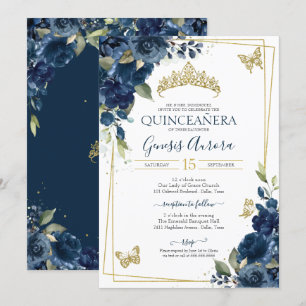 Invitation Beurre d'eau bleu Quinceañera Floral Or