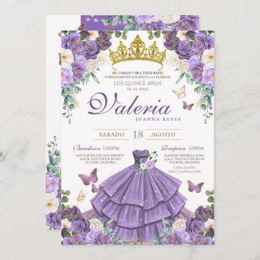 Invitation Beurre floral violet clair Princesse Quinceanera (Devant / Derrière)