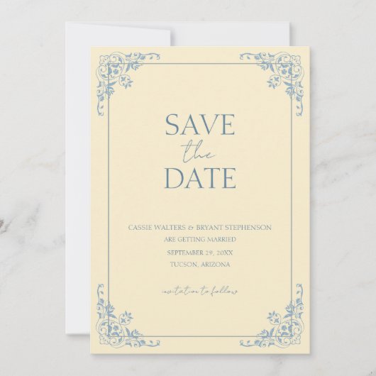 Invitation Beurre jaune Dusty bleu minimal Enregistrer la dat (Devant)