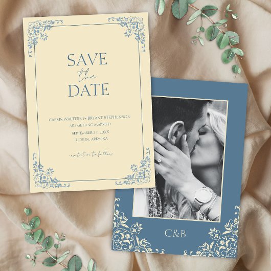 Invitation Beurre jaune Dusty bleu minimal Enregistrer la dat