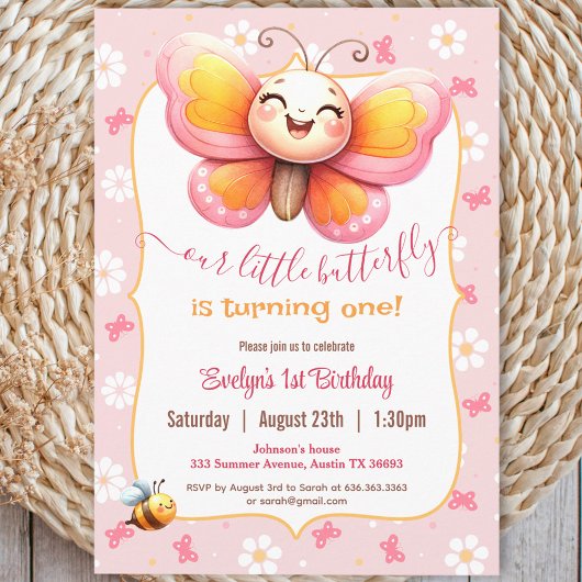 Invitation Beurre mignon rose florale fille 1er anniversaire
