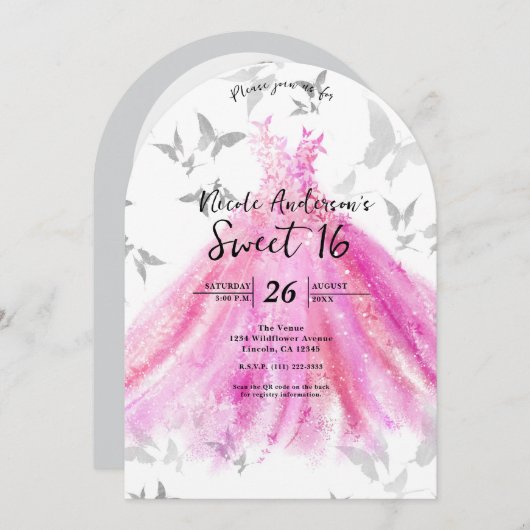 Invitation Beurre rose Argent Danse douce 16 Anniversaire (Devant / Derrière)