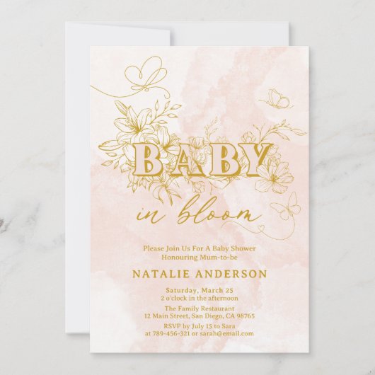 Invitation Beurre Rose Script Flore Papillons Bébé En Fleur (Devant)
