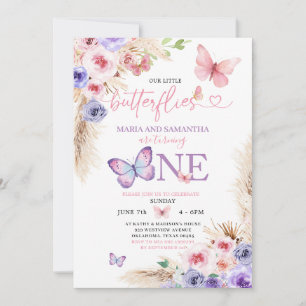 Invitation Beurre rose Twin Premier anniversaire Floral