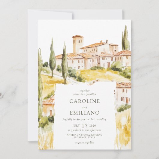 Invitation BIANCA Aquarelle Mariage paysager toscan (Devant)