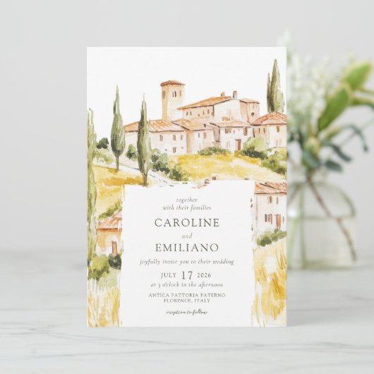Invitation BIANCA Aquarelle Mariage paysager toscan (Debout devant)
