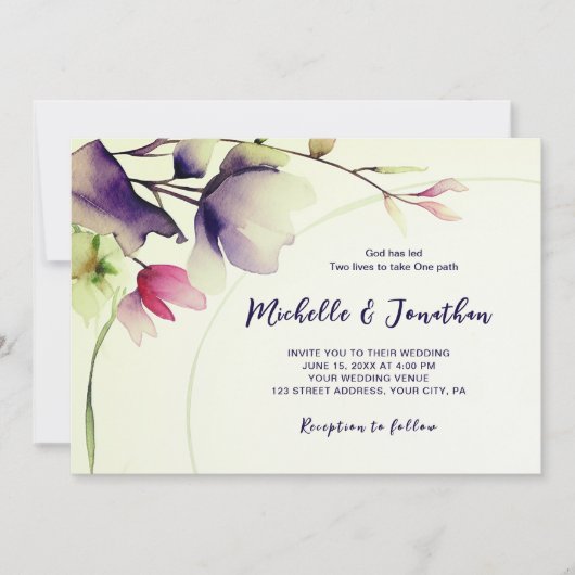 Invitation Bible Florale rose violet Verse Mariage chrétien (Devant)