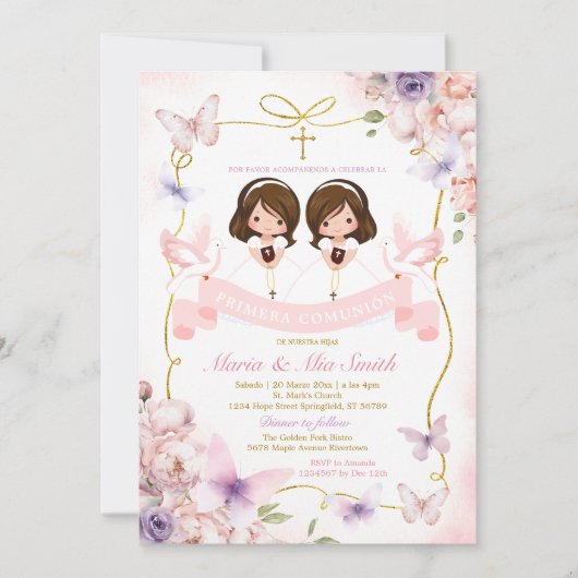 Invitation Bible Primera Comunión rose & violet Twin Girl (Devant)