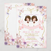 Invitation Bible Primera Comunión rose & violet Twin Girl (Devant / Derrière)