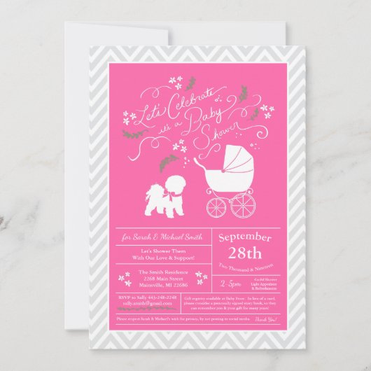 Invitation Bichon Frise Chien Baby shower fille rose (Devant)