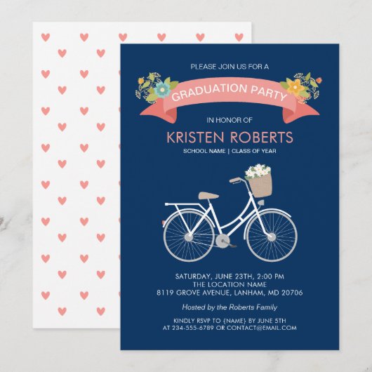Invitation Bicycle Floral Navy Blue Girly Graduation Party (Devant / Derrière)