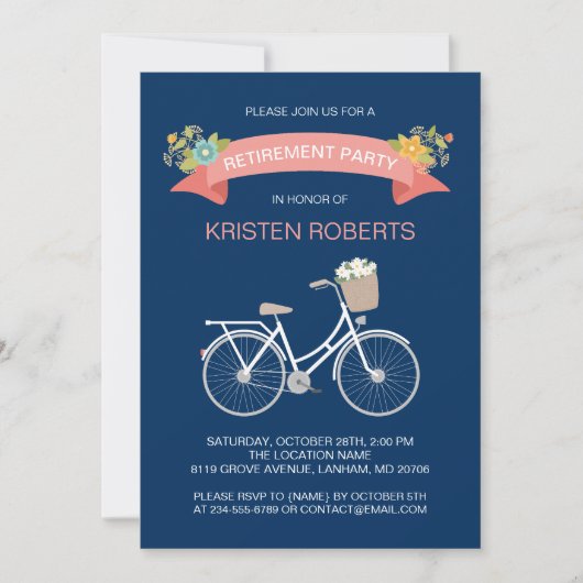 Invitation Bicyclette Marine Blue Floral Ribbon Retraite Part (Devant)