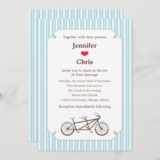 Invitation Bicyclette Retro Tandem Bleu & Blanc Mariage rayé (Devant / Derrière)