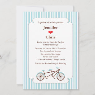 Invitation Bicyclette Retro Tandem Bleu & Blanc Mariage rayé