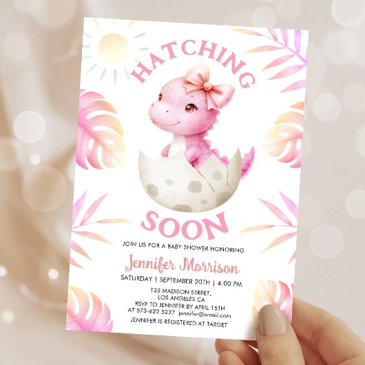 Invitation Bientôt à l'éclosion Fête de bébé dinosaure Fille 