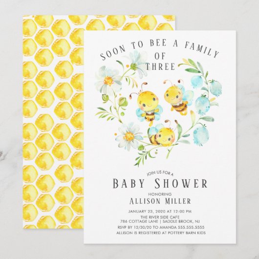 Invitation Bientôt la famille d'abeilles de 3 Baby showers In (Devant / Derrière)