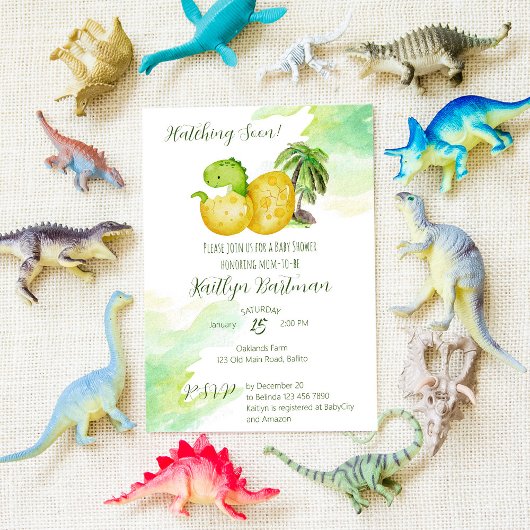 Invitation Bientôt l'éclosion aquarelle vert bébé dinosaure