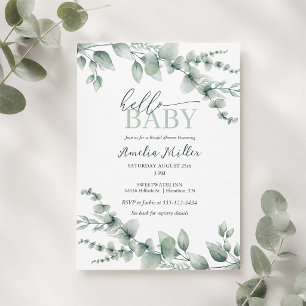 Invitation Bienvenue Bébé Eucalyptus Verdure Fête de Naissanc