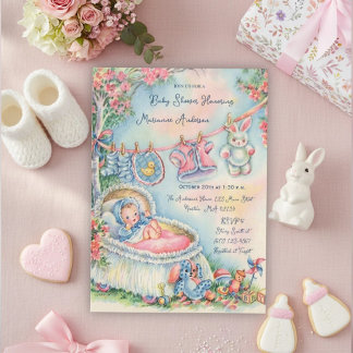Invitation Bienvenue Bébé Fille Linge de Nursery Rétro