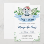Invitation Bienvenue bébé garçon éléphant illustra (Devant / Derrière)