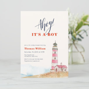 Invitation Bienvenue C'est un Garçon Baby Shower Phare Marin