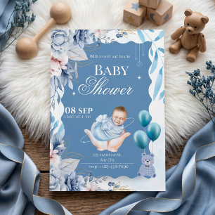 Invitation Bienvenue Élégant Fleur Bleu pour Bébé Garçon