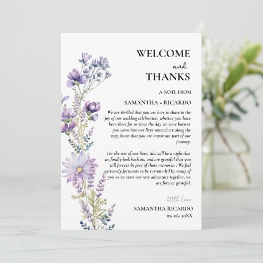 Invitation Bienvenue et merci table d'hôtes fleurie mariage C (Debout devant)